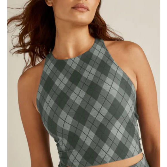 NWT Beyond Yoga Argyle plaid Refocus Cropped Tank S Black Gray - Picture 1 of 4